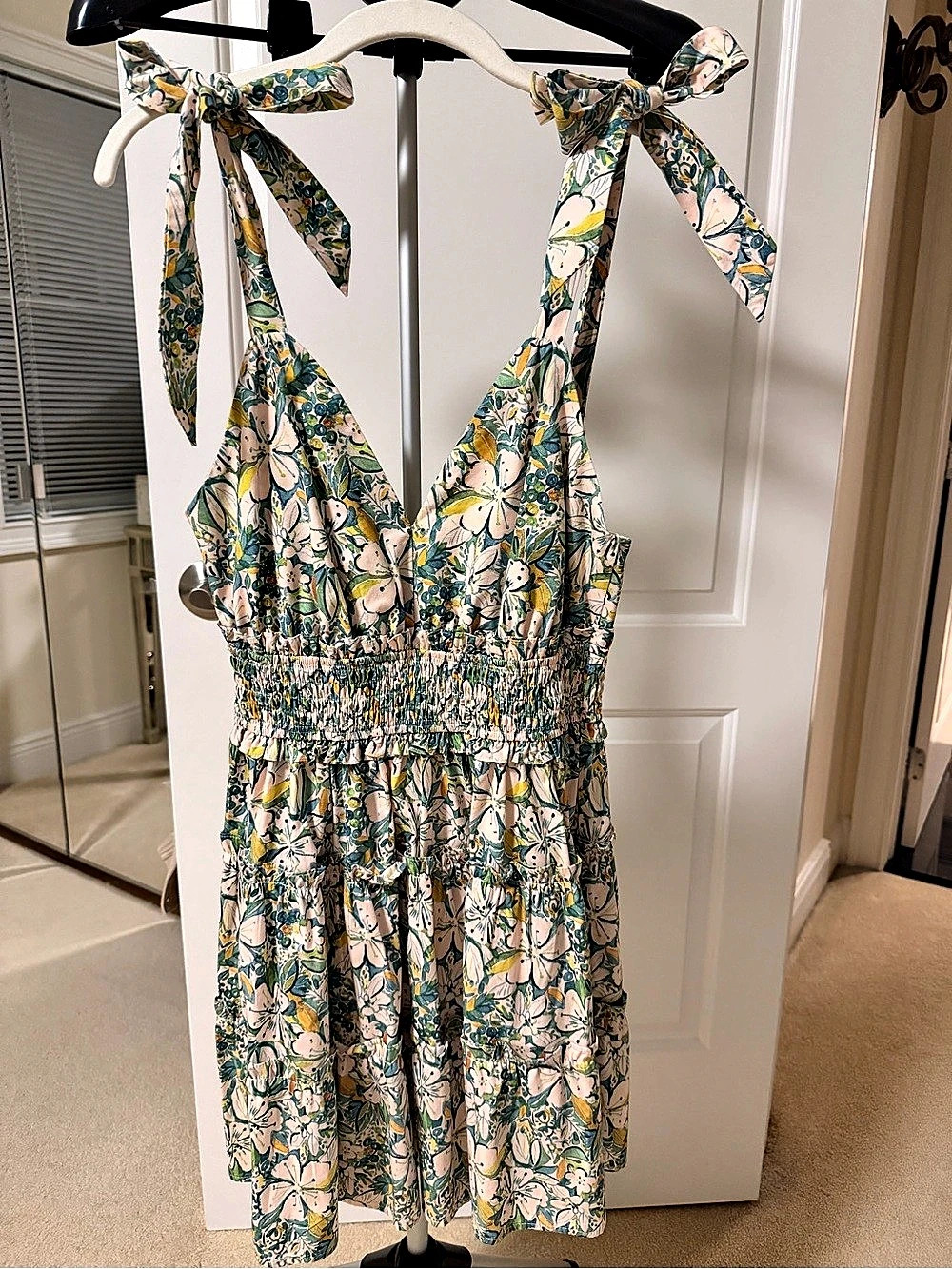 Floral Smocked Midi Dress in Pink & Green Like New. Worn once!